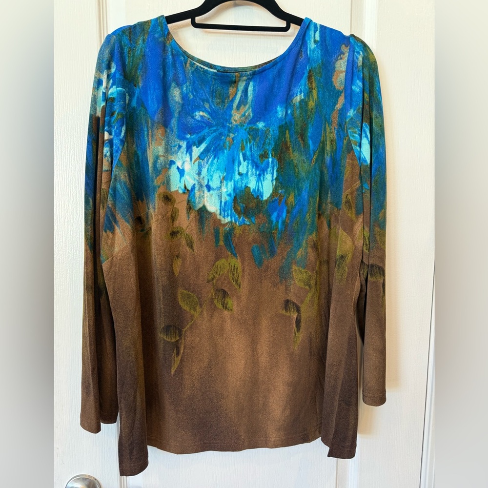 Bob Mackie Wearable Art Tunic Top 1X NWOT Blue Brown Abstract Plus Size